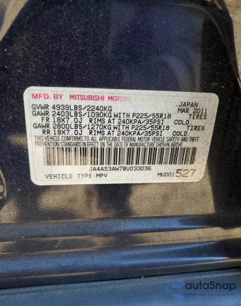 2011 Mitsubishi Outlander Se из США, поврежденный, VIN JA4AS3AW7BU033036